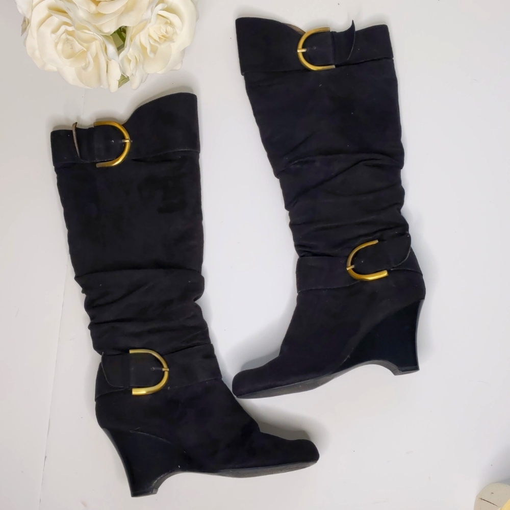 Preview International knee high black boots with gold accent buckles siz…